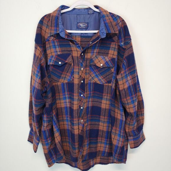 Vintage Williams Bay Shacket Mens 3X Blue Rust Pearl Snap Flannel Plaid Western - Picture 1 of 11